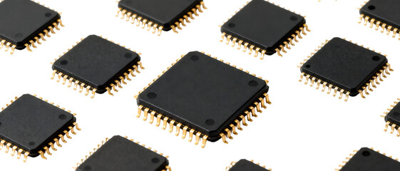 金色ピンが並ぶ黒いマイクロチップ｜背景なし・透過PNG・コピースペース