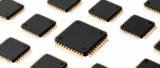 金色ピンが並ぶ黒いマイクロチップ｜背景なし・透過PNG・コピースペース