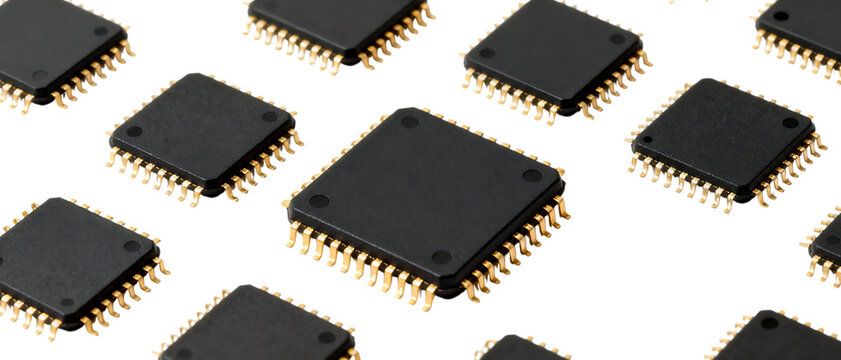 金色ピンが並ぶ黒いマイクロチップ｜背景なし・透過PNG・コピースペース