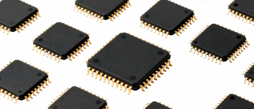 金色ピンが並ぶ黒いマイクロチップ｜背景なし・透過PNG・コピースペース - Powered by Adobe