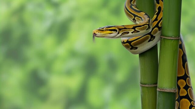 Asiatic reticulated python crawling on tree branch with green background