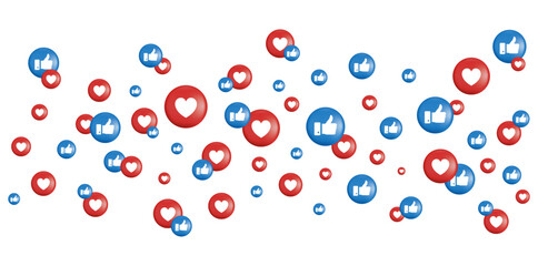 Social media like and heart icons background. Social media react emoji icons scattered on a white background.