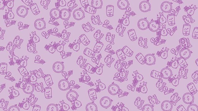 animation patterns Moneybags and coins against a violet background perhaps metaphorically.