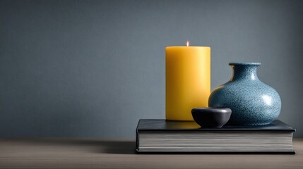 Decorative Yellow Candle and Blue Vases on Book Against Gray Wall