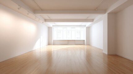 Fototapeta premium Bright Empty Room Interior with Hardwood Floors, White Walls, and Large Window: Ideal for Design Mockups