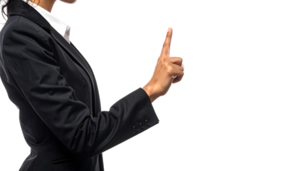 自信に満ちたビジネスウーマンの指先が未来を示す瞬間 ｜背景なし・透過PNG・コピースペース