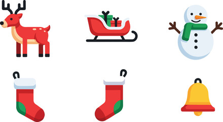 Fototapeta premium Christmas icons: reindeer, sleigh, snowman, stockings, and bell, festive holiday elements.