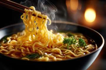 Delicious bowl of steaming noodle soup with chopsticks in a cozy setting