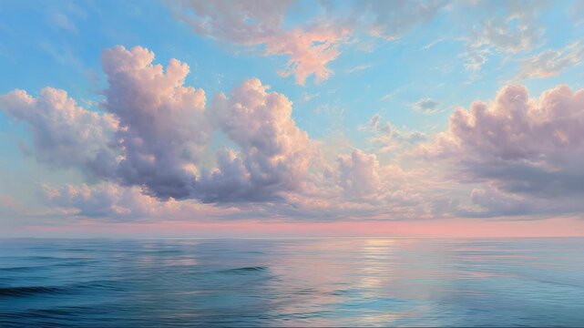 A tranquil seascape with calm ocean waters and a pastel sky filled with fluffy clouds at sunset. The image captures peaceful natural beauty