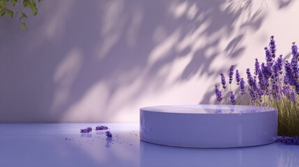 Minimalist Lavender Product Display Podium with Floral Accents and Natural Shadows, Ideal for Cosmetic Presentation