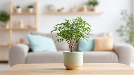 Fototapeta premium Decorative Aralia Plant in Modern Living Room Setting, Interior Design, Home Decor, and Minimalist Aesthetic
