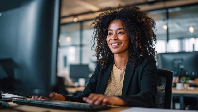 Smiling black woman works on computer