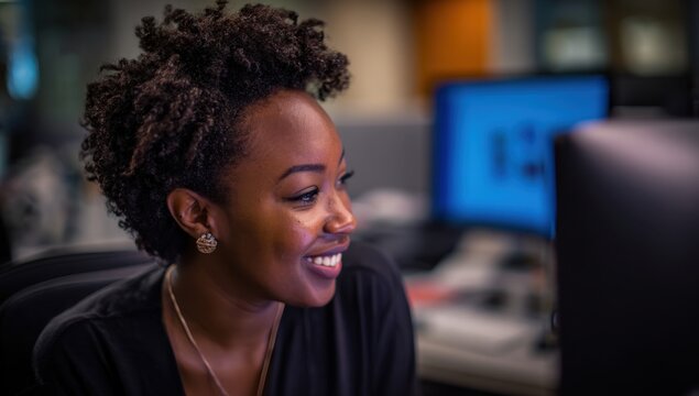 Smiling black woman works on computer