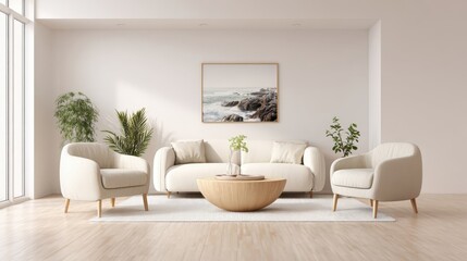 Obraz premium Bright Living Room Interior with Modern Furniture, White Walls, Wooden Floor, and Coastal Artwork