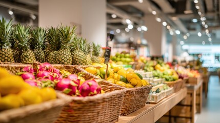Naklejka premium Fresh Produce Display at a Grocery Store Featuring Pineapples, Dragon Fruit and Lemons in Wicker Baskets
