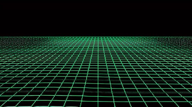 A mesmerizing green wireframe grid stretching into the distance.