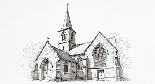 Black and White Sketch of Traditional Church Building with Steeple and Gothic Windows - Powered by Adobe