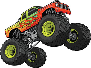 Red Cartoon Monster Truck with Green Flames and Big Tires – Vector Off-Road Illustration