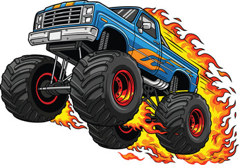 Cartoon Monster Truck with Flames – Off-Road Vehicle Illustration