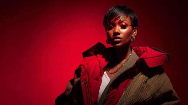 A powerful portrait of a confident woman illuminated by dramatic red lighting