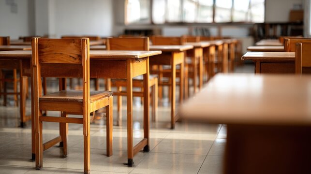 Empty Classroom with Wooden Desks: Education and Learning Environment for Students