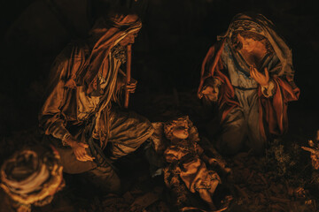 Nativity Scene Depicting the Birth of Jesus.Nativity Scene with Mary, Joseph, and Baby Jesus....