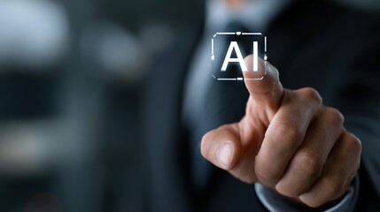 Hand touches ai text on screen representing artificial intelligence technology concept.