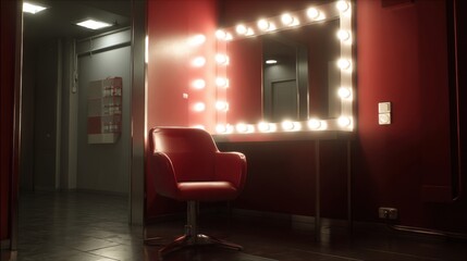 Backstage Dressing Room with Illuminated Mirror and Red Chair, Interior Studio Environment
