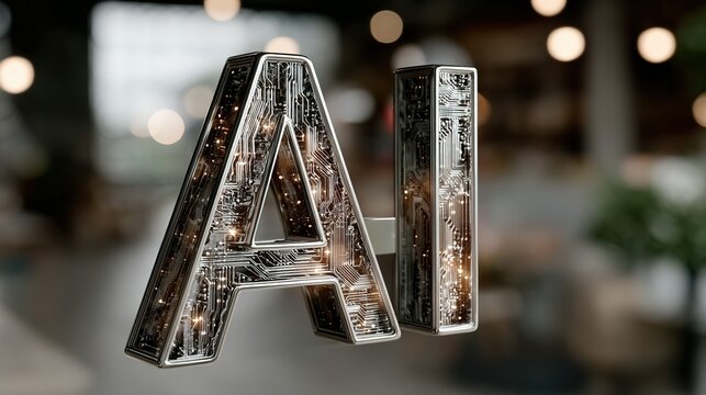 "AI" letters on glass surface with blurred background. - Powered by Adobe