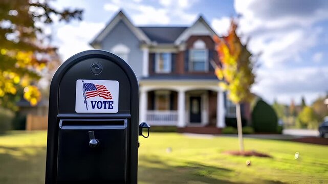 A vivid, closeup shot of a mailbox with a VOTE sticker and an American flag design, set against a backdrop of a residential house. The mailbox is black with a glossy finish.