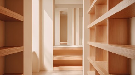 Fototapeta premium Modern minimalist interior featuring empty wooden shelves and natural light creating a bright, clean aesthetic
