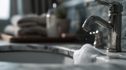 Shaving foam jar and dispenser bottle mockup on marble sink surface with sunlight reflections for men’s grooming and hygiene branding