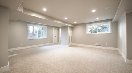 Obraz premium Bright, Newly Renovated Basement with Natural Light from Windows, Fresh Carpet, and Neutral Paint