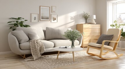 Obraz premium Bright and Airy Living Room Interior with Modern Furniture and Natural Accents, Inviting Ambiance