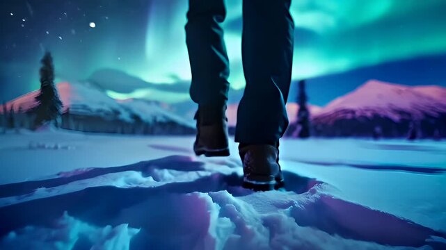 Aurora Borealis over a snowy landscape with a person standing on snowcovered ground. The scene is captured in a cinematic style with a focus on the interplay of light and shadow.
