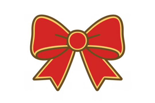 Red bow vector illustration with gold outline, celebrating holidays, christmas, and gifting, transparent background