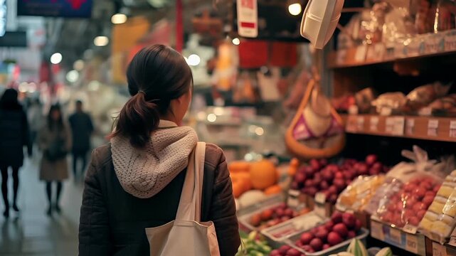 A woman with a ponytail walks through a bustling market scene, her back to the camera. She is wearing a dark jacket and a lightcolored scarf.