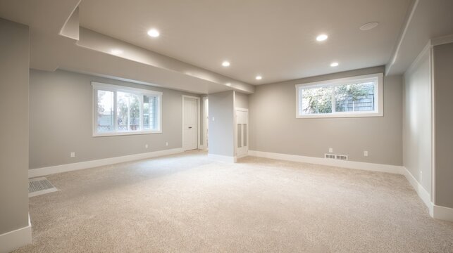 Bright, Newly Renovated Basement with Natural Light from Windows, Fresh Carpet, and Neutral Paint