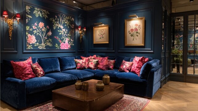 Elegant Living Room Interior with Blue Velvet Sofa, Floral Artwork, and Sophisticated Decor Elements