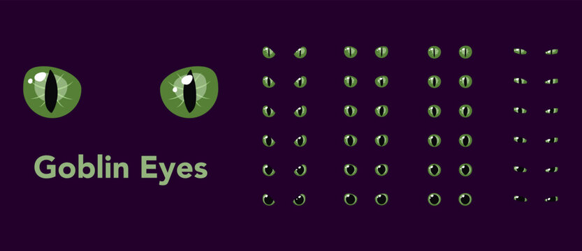 Set of green goblin glowing eyes dark background fantasy magic cartoon animal reptile feline mammal monster demon dragon shiny pupil vector illustration