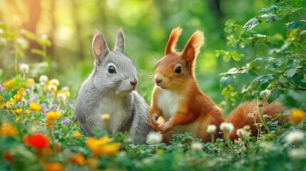 Fototapeta premium Two Adorable Squirrels Surrounded by Wildflowers in a Sunny Meadow, Perfect for Springtime Projects