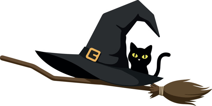 Black Cat Sits on a Witch Hat on a Broomstick Vector Art - Powered by Adobe