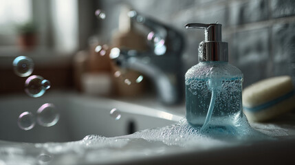 Foaming hand soap bottle mockup with chrome pump surrounded by soap bubbles on bathroom sink in morning light for hygiene and skincare advertising
