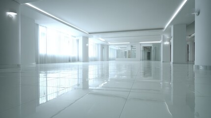 Obraz premium Bright Empty White Room with Tiled Floor, Minimalist Design, and Natural Light from Large Windows