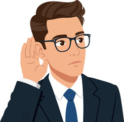 Business Man Listening Intently Wearing Blue Suit and Tie with Glasses