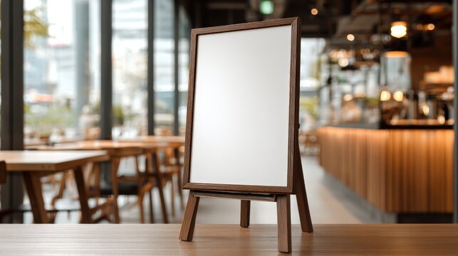 Blank Menu Board Mockup on Wooden Table in Restaurant with Blurred Background for Customizable Promotions