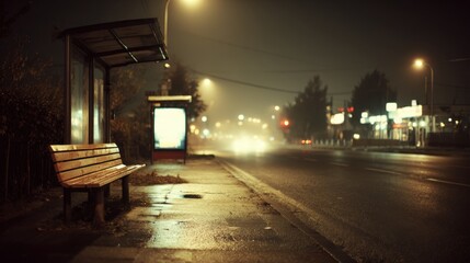 Obraz premium Eerie Night Scene of Empty Bus Stop with Wet Sidewalk and Atmospheric Fog