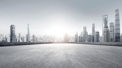 Fototapeta premium Panoramic Cityscape View with Empty Concrete Platform, Ideal for Product Mockups and Urban Development Concepts