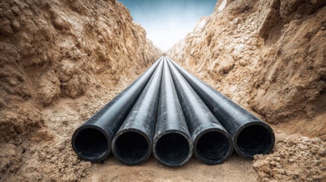 Pipeline Installation: Black Pipes Laid in a Trench for Infrastructure, Delivering Utilities and Services