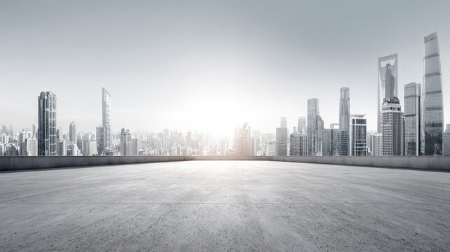 Panoramic Cityscape View with Empty Concrete Platform, Ideal for Product Mockups and Urban Development Concepts
